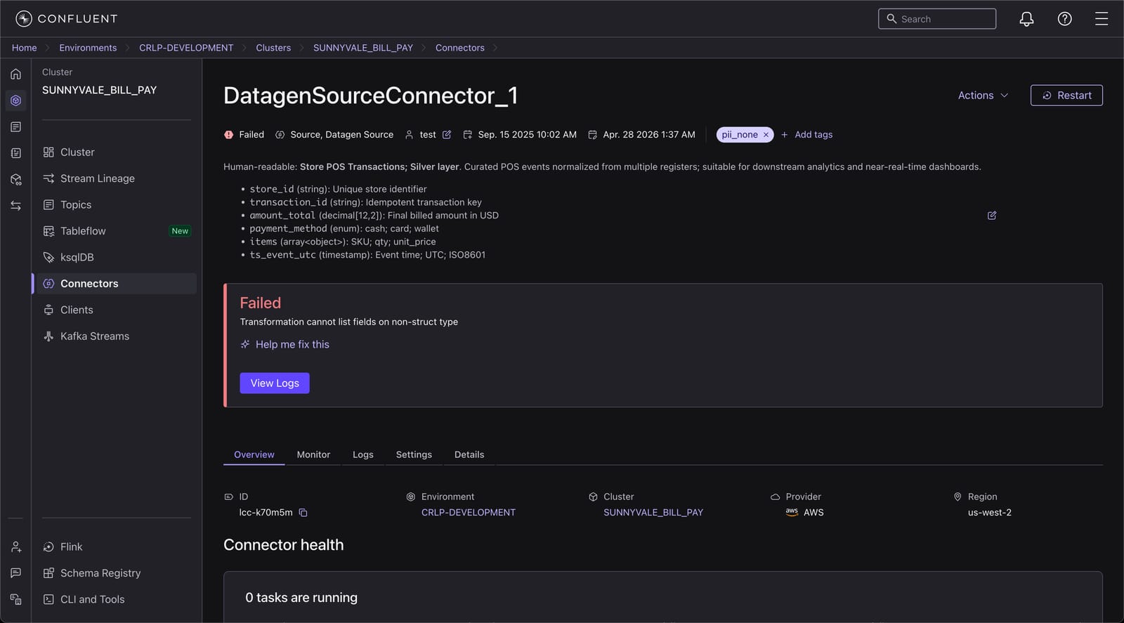 A failed Kafka Connect connector's detail page, showing its schema, a failure reason, and a link to view logs.