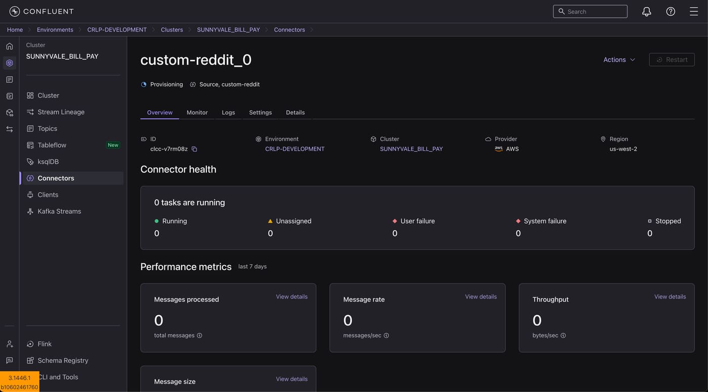 A running custom connector named custom-reddit_0, showing its provisioning status, connector health, and performance metrics.