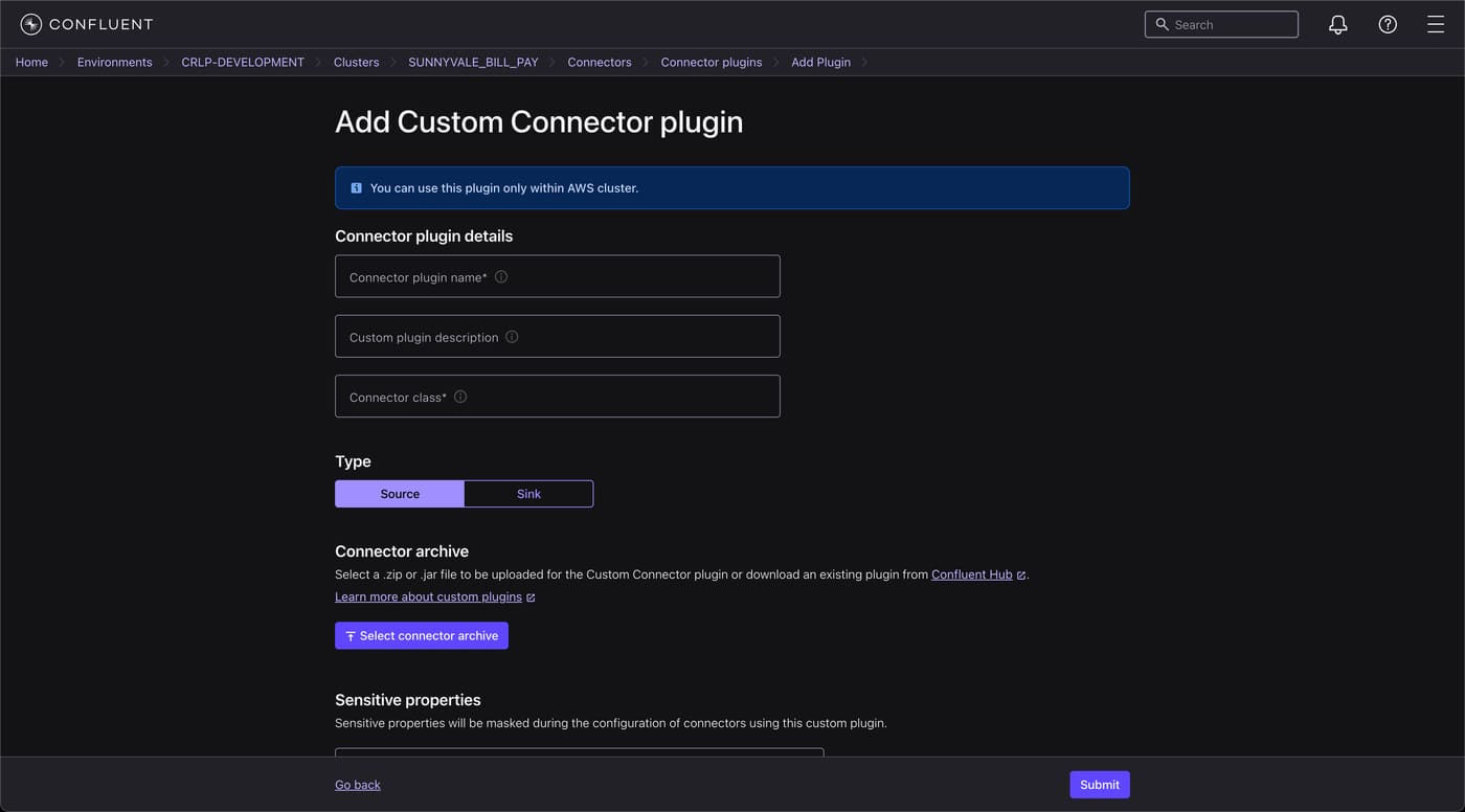 The Add Custom Connector plugin form, with fields for the plugin name, description, connector class, source or sink type, and a file upload for the connector archive.