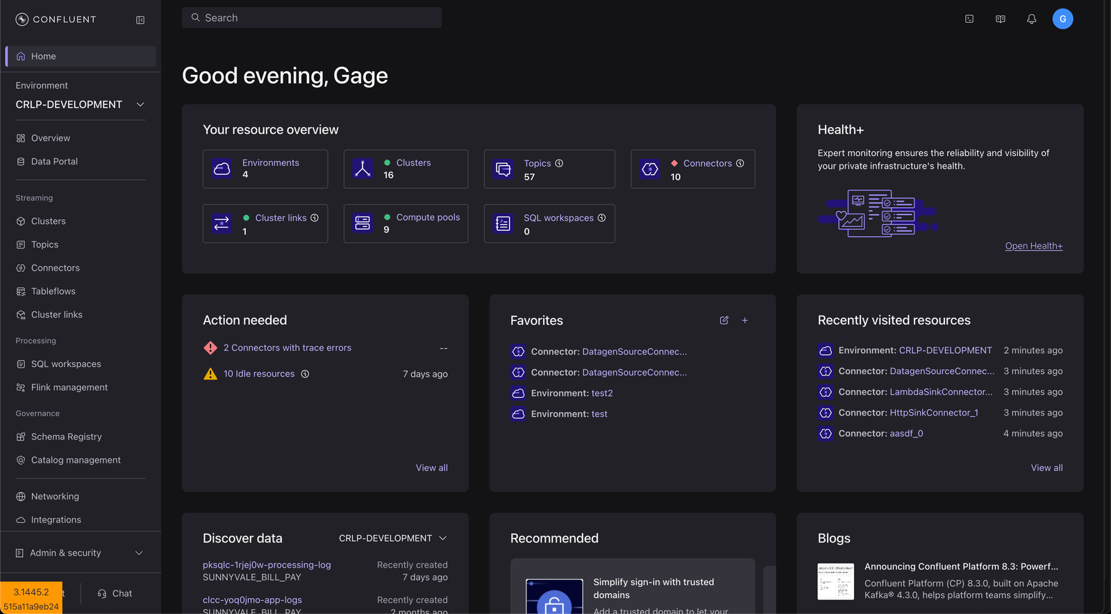 The Confluent Cloud homepage, showing the navigation sidebar, a resource overview, favorites, and recently visited resources.
