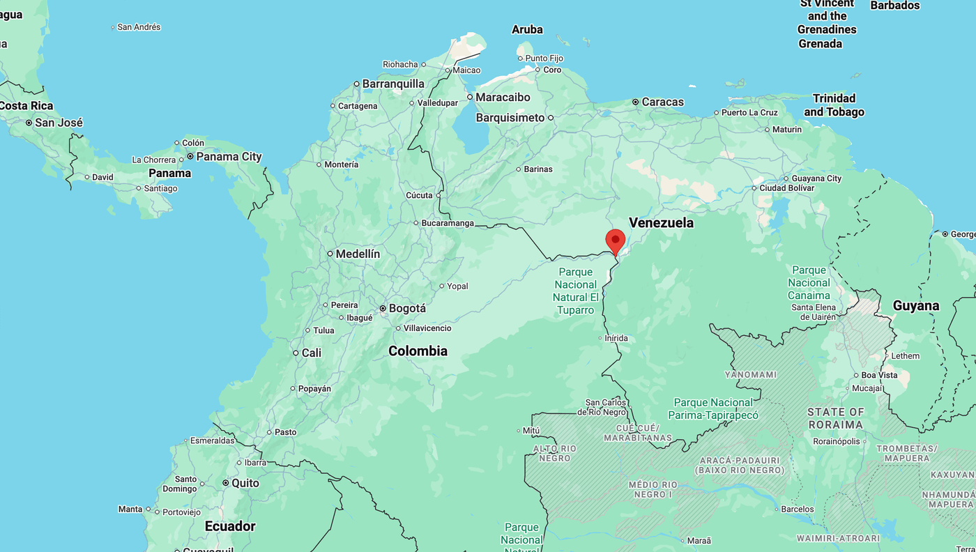 A map of Colombia and Venezuela with a pin marking the trip's destination near the border, in the Orinoco basin east of Bogotá.