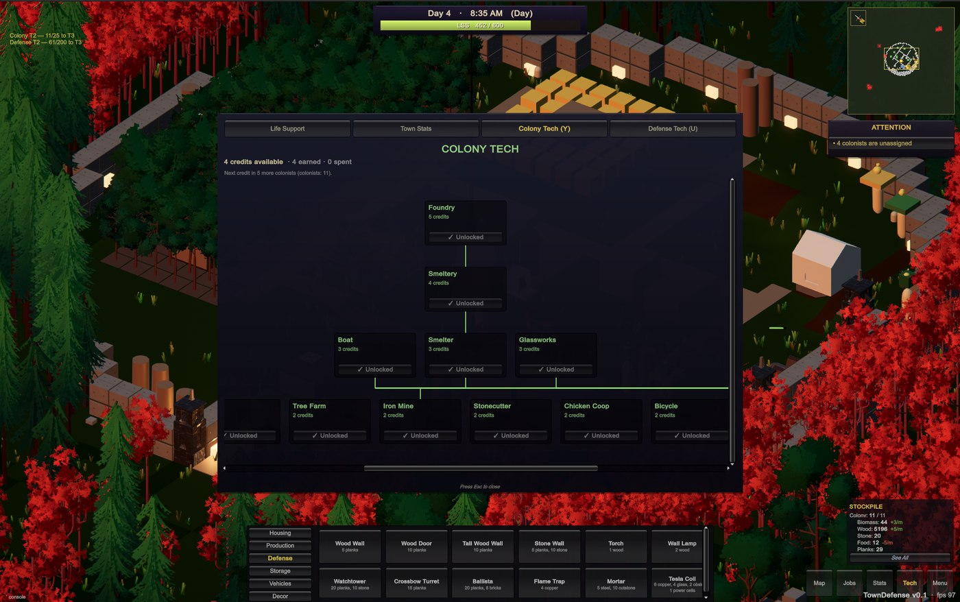 The Colony Tech panel: a tree of buildings like Foundry, Smeltery, and Boat, each unlocked with credits earned automatically as the population grows.