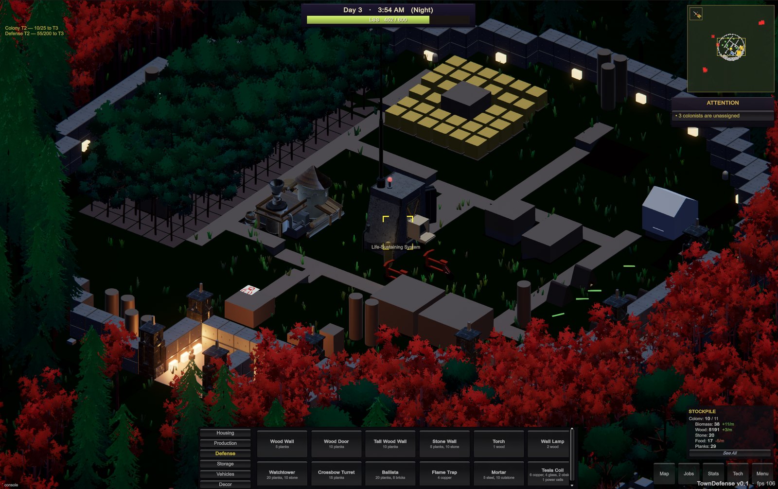 A night defense at the LSS, walls and torches ringing the colony, the build palette and colony tier progress visible in the UI.