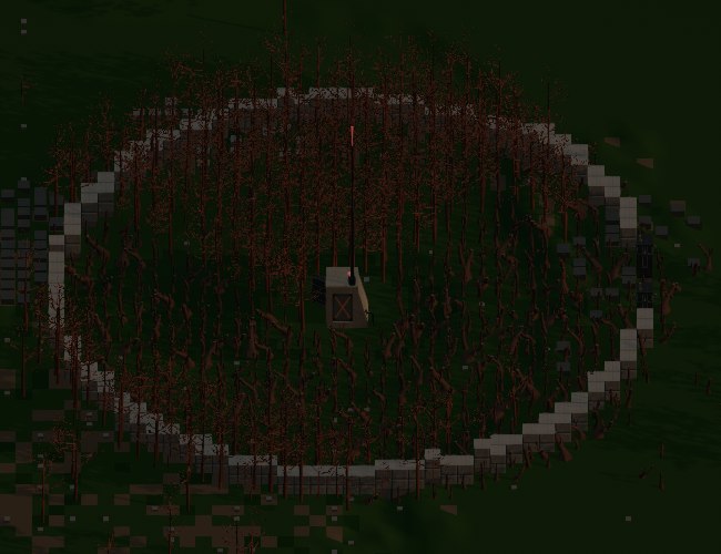 An overhead view of the walled colony, the LSS tower at the center, ringed by autumn-red woodland.