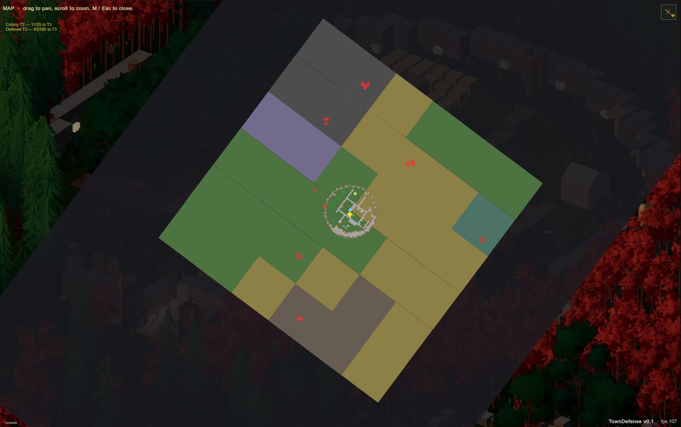 The full-screen map view, showing several differently colored biome regions revealed by fog of war, with monster markers scattered around the colony.